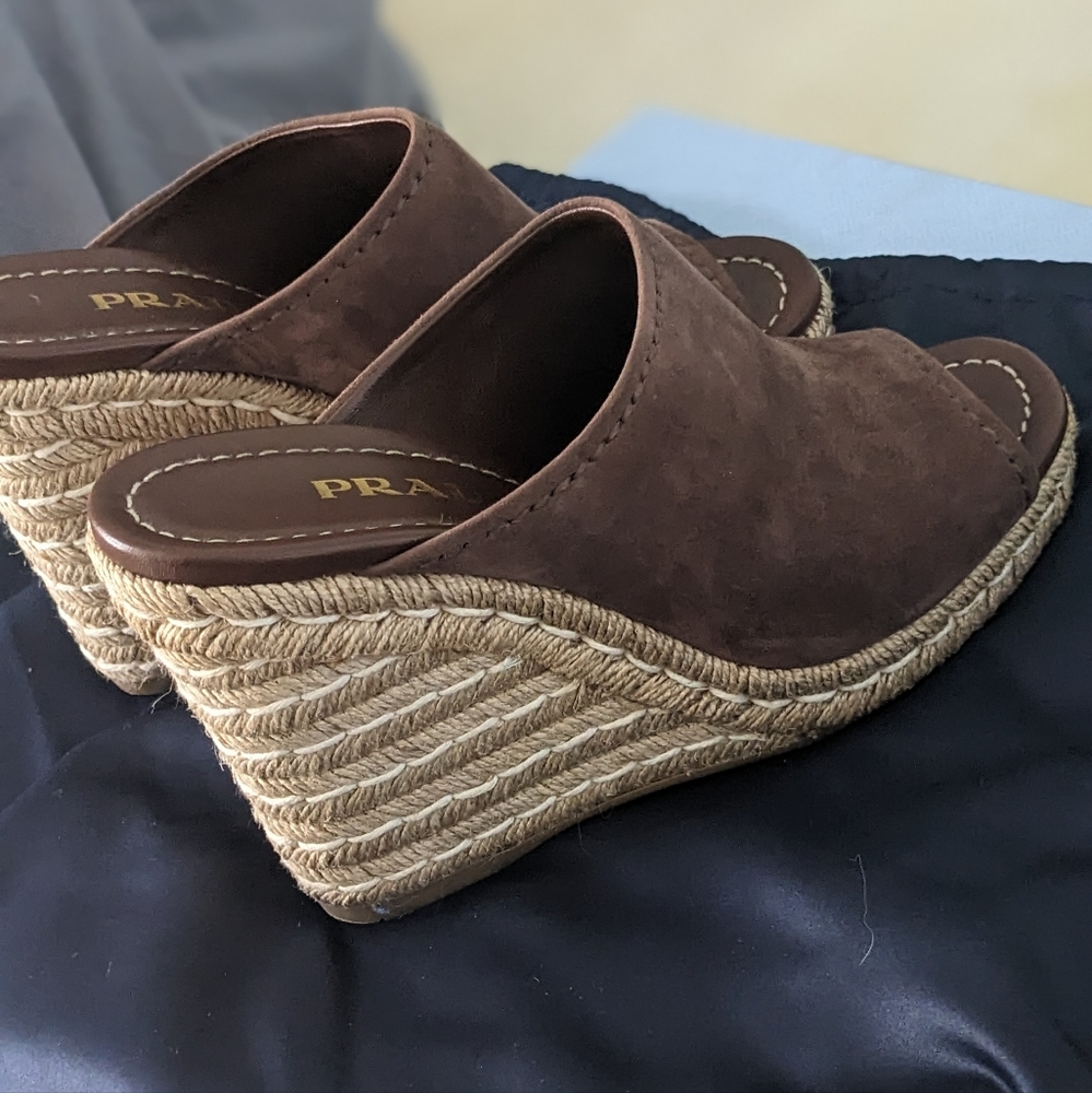 Prada Women's Suede Wedge Sandals in Brown Suede